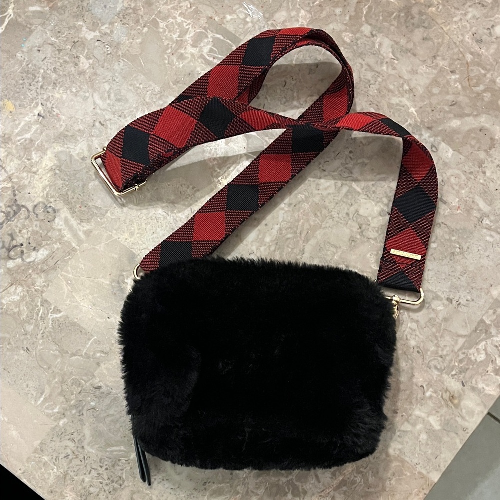 Stella & Dot Fur Crossbody Bag with Red Strap